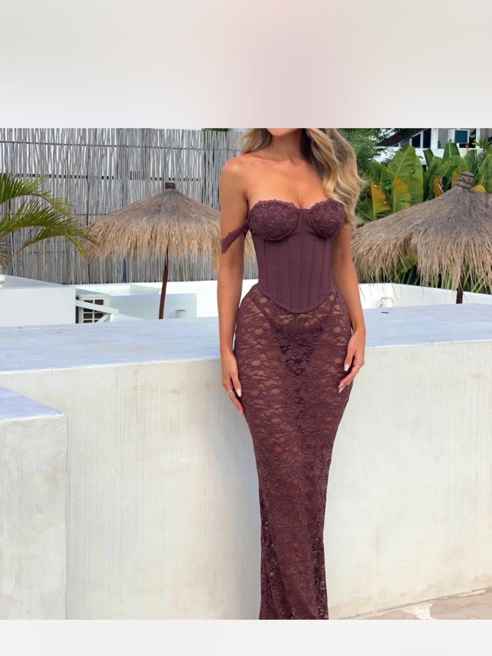 Strapless Lace Corset Evening Gown in Deep Brown